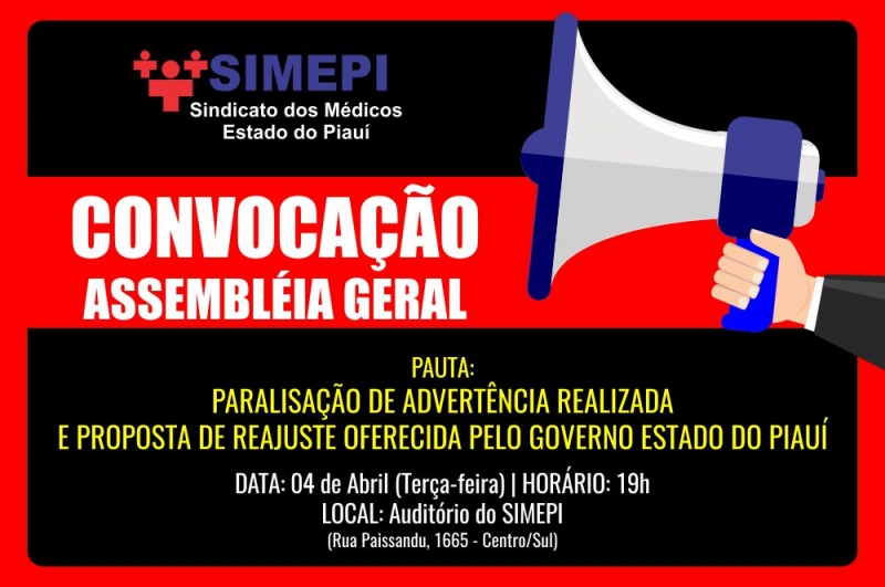 Convocação para Assembleia Geral no SIMEPI nesta terça-feira