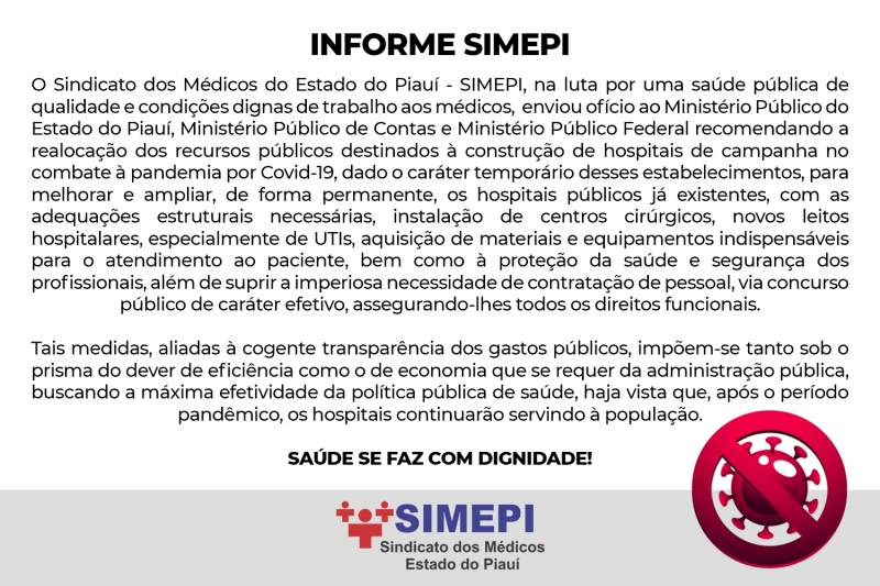 SIMEPI envia ofício recomendando a realocação de recursos para melhorias aos hospitais existentes