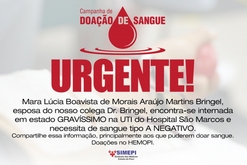 Vamos ajudar: Precisamos da doação de sangue tipo A Negativo