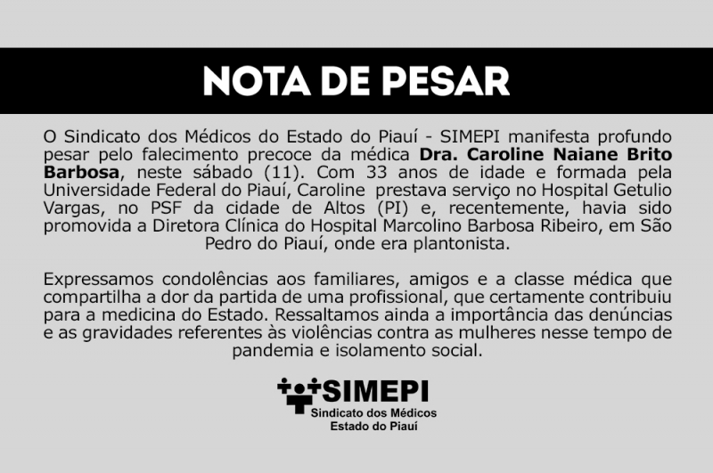 Nota de Pesar: Dra. Caroline Naiane Brito Barbosa