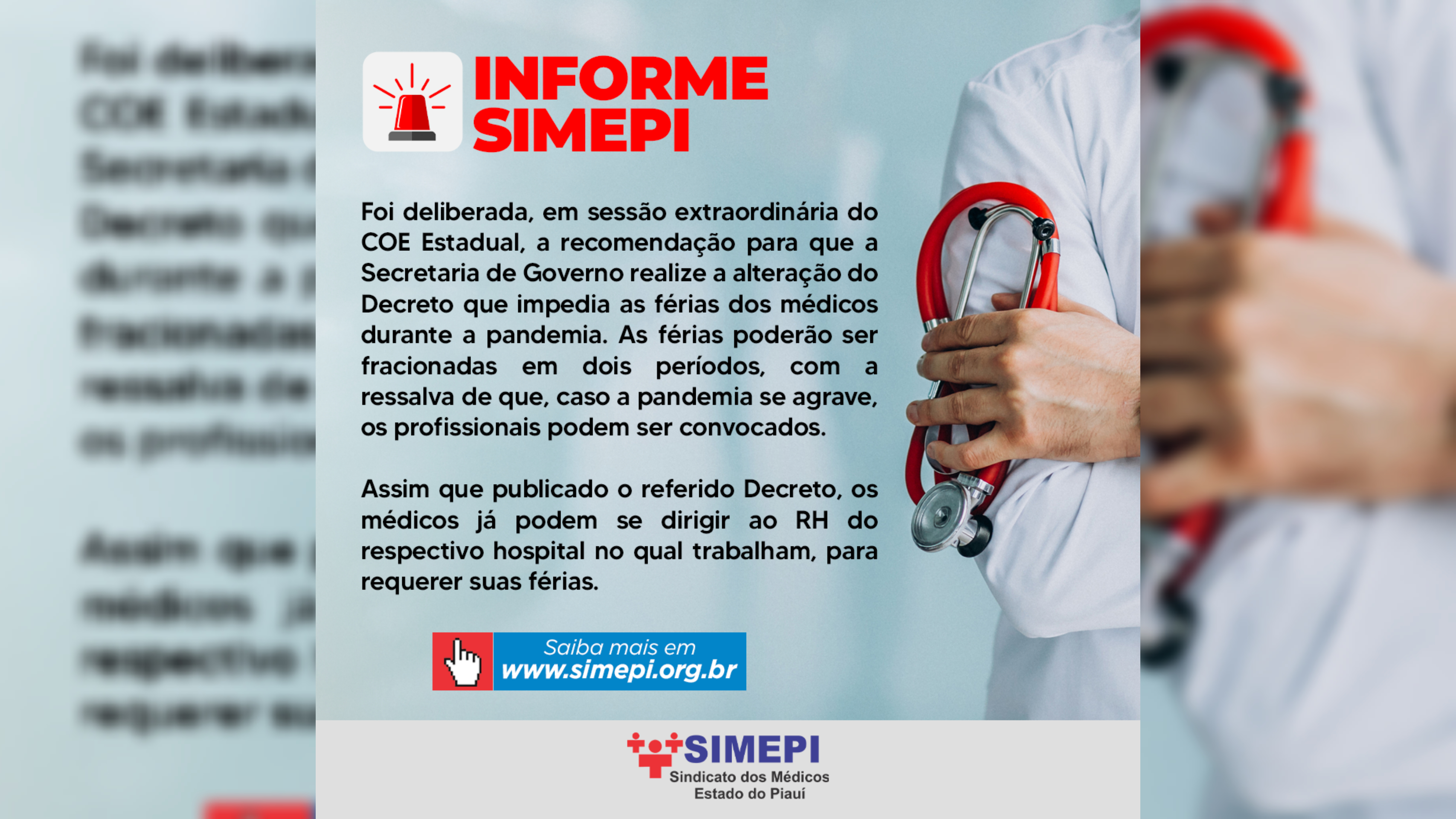 Informe SIMEPI: alteração do Decreto que impedia as férias dos médicos