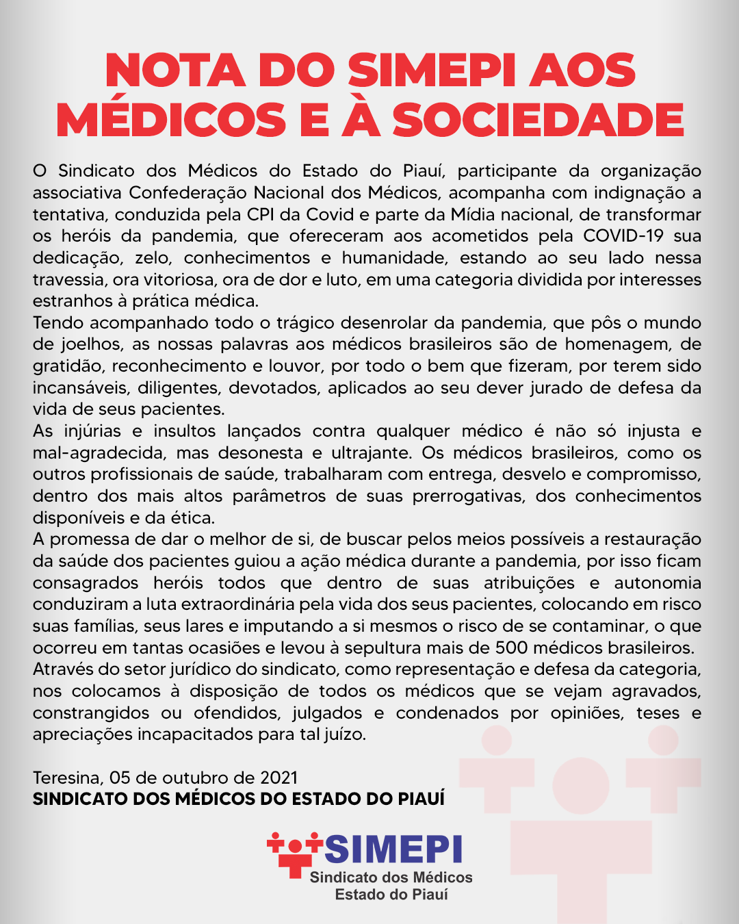 Nota do SIMEPI aos médicos e à sociedade 