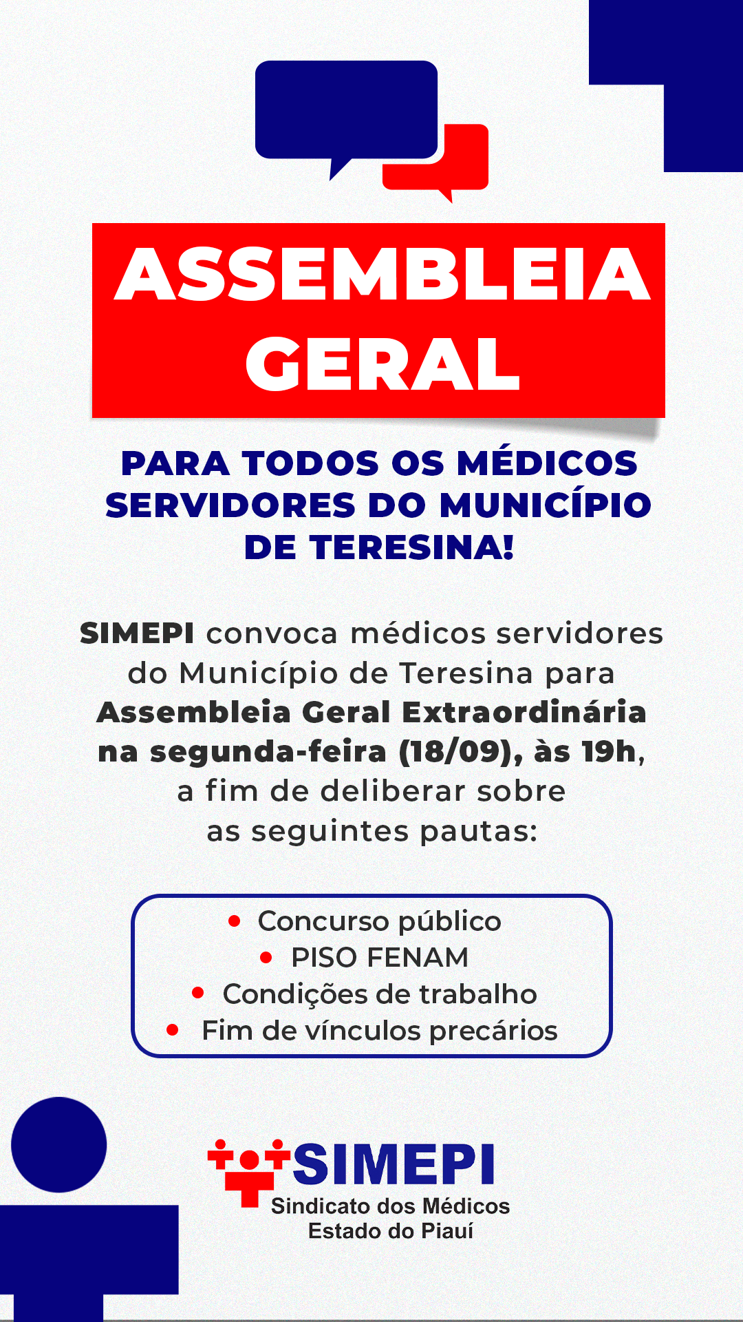 SIMEPI convoca médicos para Assembleia Geral Extraordinária na segunda-feira (18)