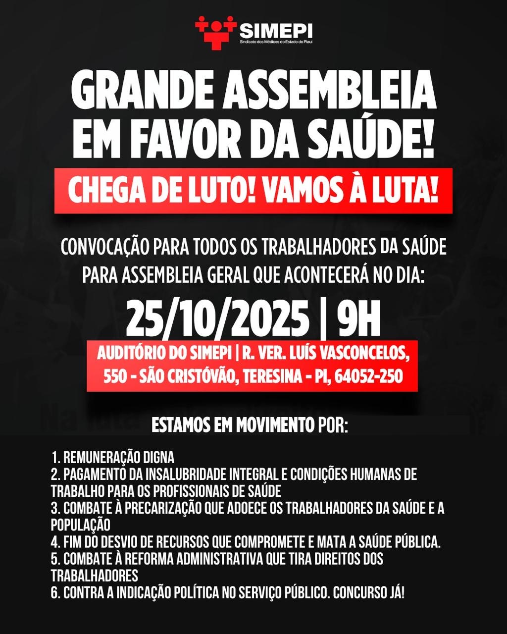 Assembleia Geral Extraordinária acontece no sábado, 25 de outubro, às 9h