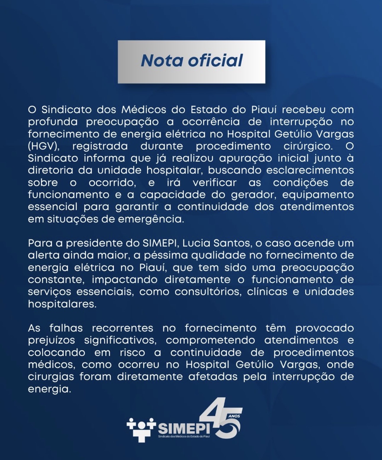 SIMEPI lança nota oficial sobre falta de luz no HGV