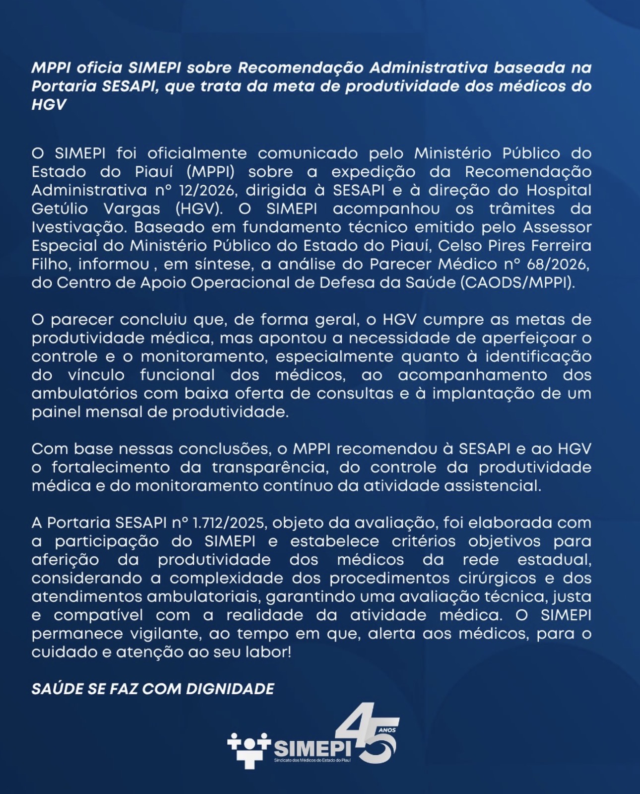 MPPI oficia SIMEPI sobre Recomendação Administrativa baseada na Portaria SESAPI, que trata da meta de produtividade dos médicos do HGV